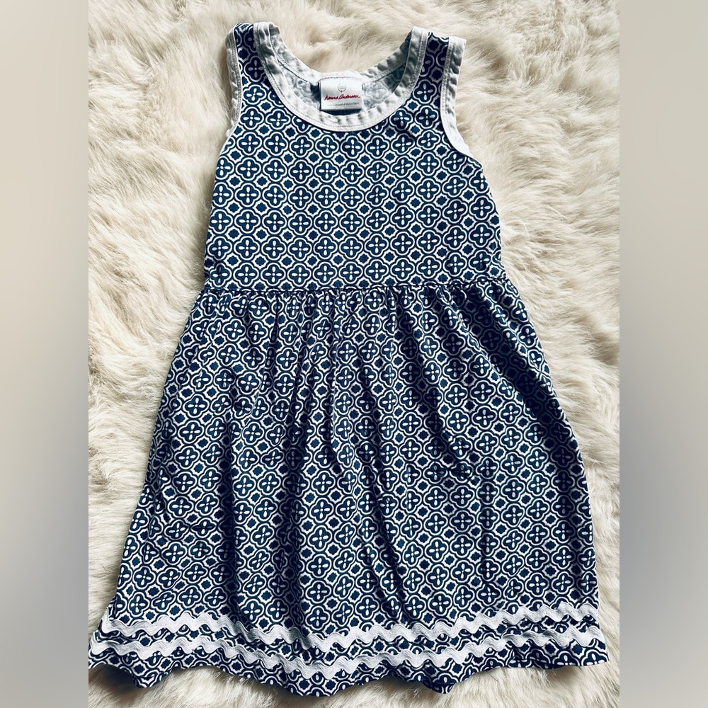 Hanna Anderson Navy Blue White Pattern Tank Dress Girls Size 110 /5 years